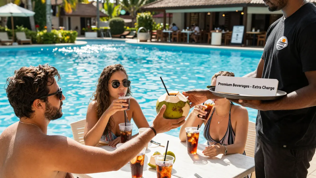 Turista en la piscina recibe una bebida premium de un camarero mientras otros beben refrescos incluidos.
