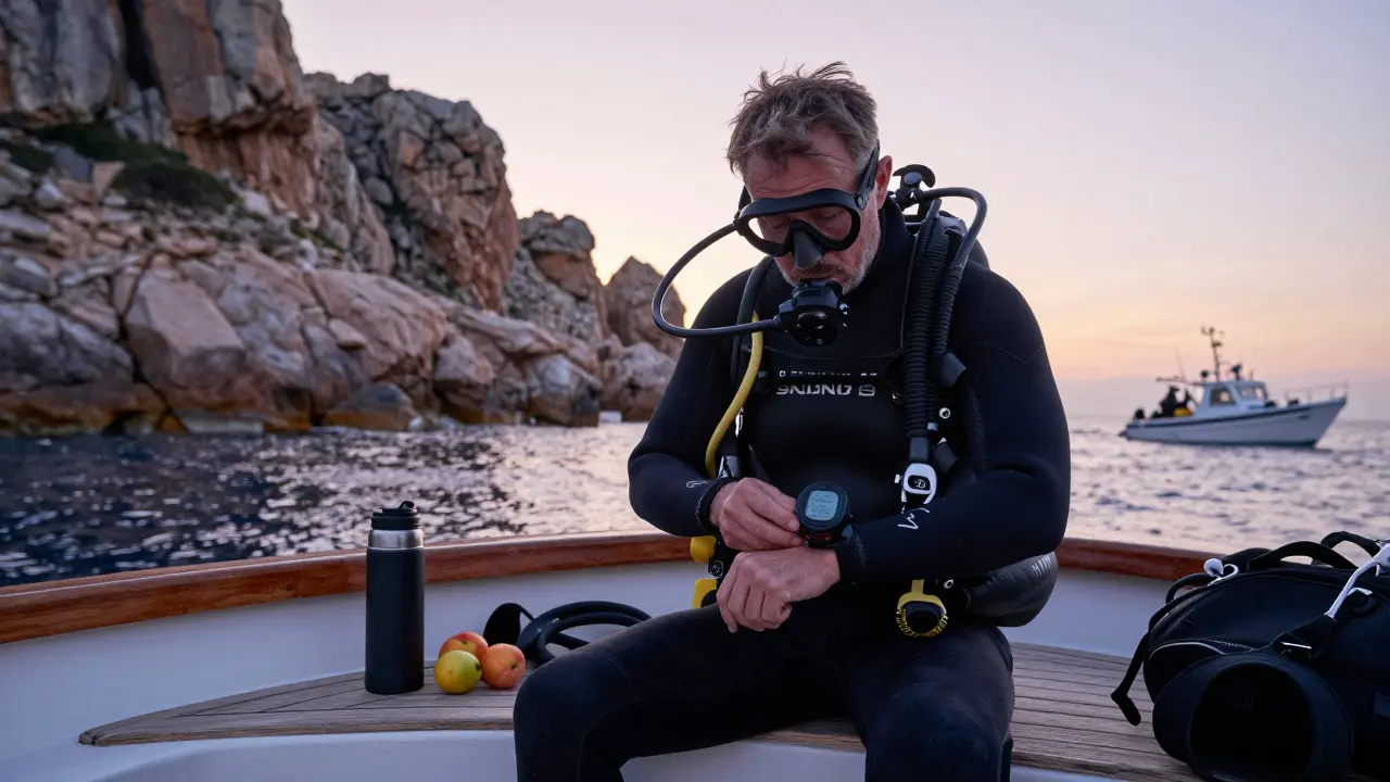 Un buceador experimentado revisa su computadora de buceo en un bote al amanecer, con el paisaje costero de Tossa de Mar al fondo.