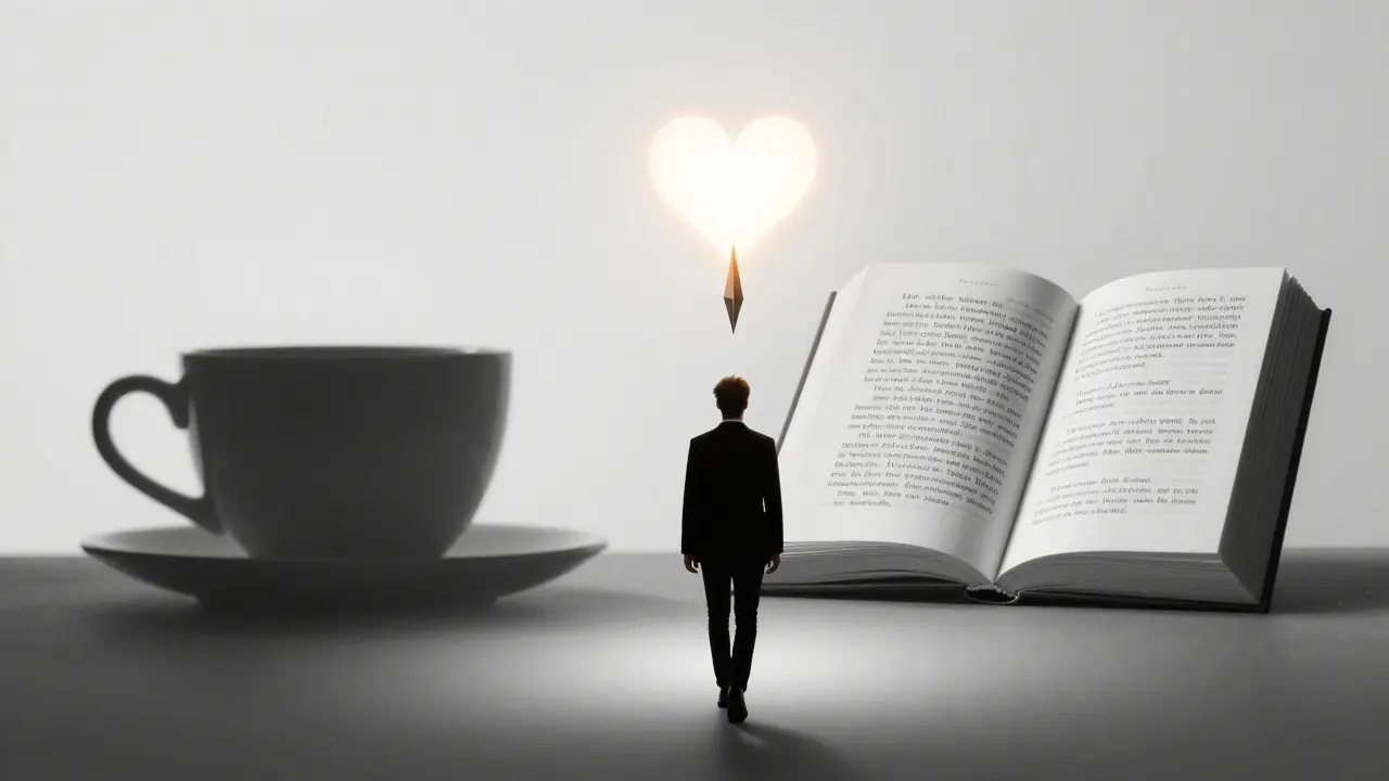 Una figura camina hacia un horizonte donde una brújula apunta a un corazón luminoso, símbolo de guía interior y conexión emocional.