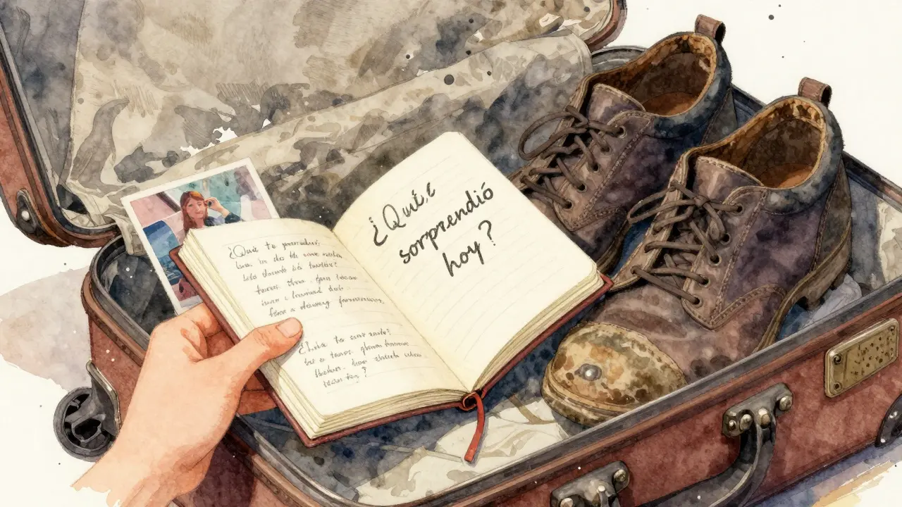 Una libreta con preguntas escritas a mano se coloca en una maleta junto a una foto desgastada, en tonos suaves y texturas de viaje.