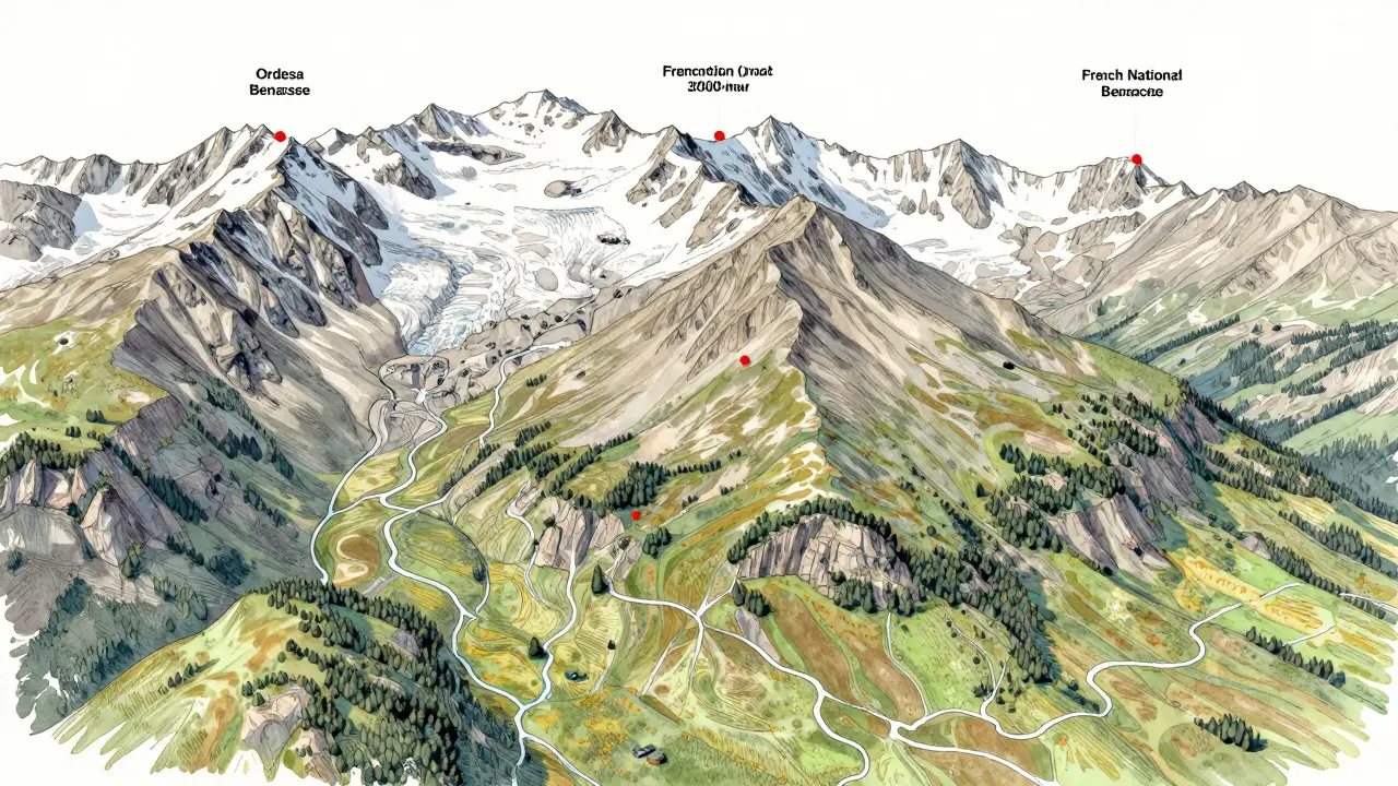 Vista aérea artística de las tres zonas con mayor concentración de picos por encima de 3000 metros en los Pirineos.
