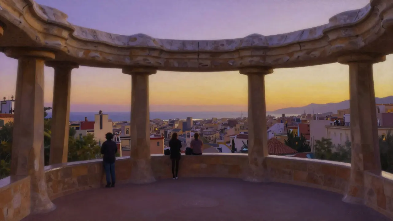 Vista panorámica de Barcelona desde la terraza del Parque Güell al atardecer.
