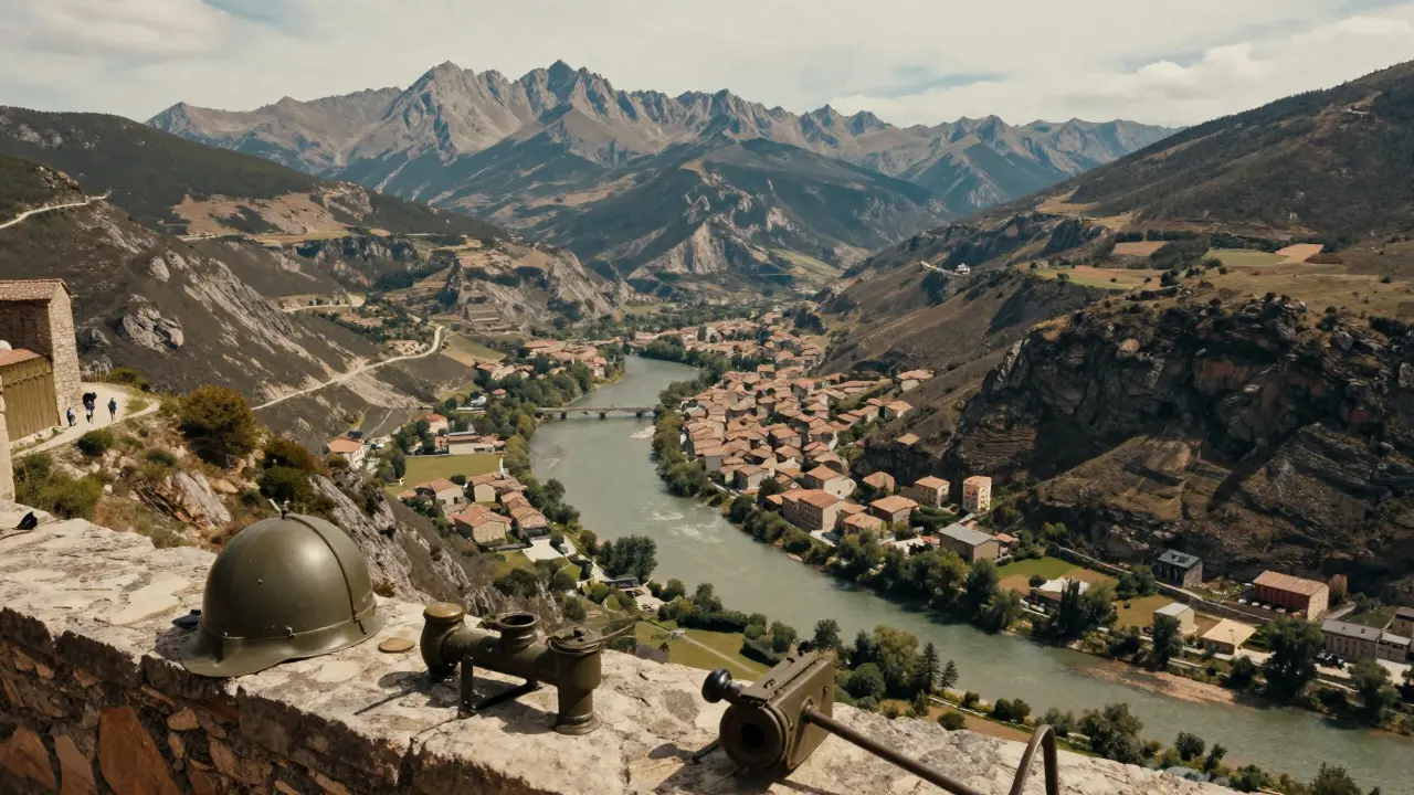 Vista panorámica desde la torre de la ciudadela de Jaca, mostrando la ciudad, el río y las montañas de la Sierra de Guara.