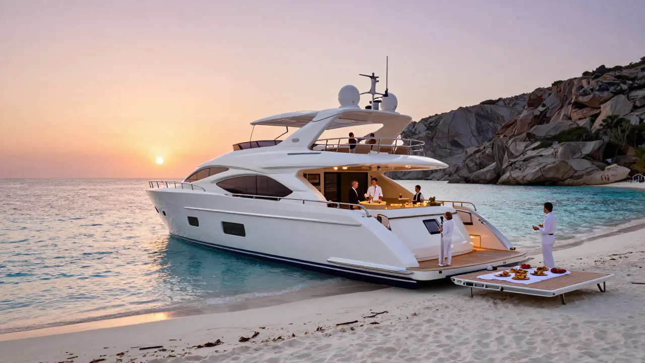 Yate de lujo anclado en una cala secreta con tripulación sirviendo bebidas al atardecer.