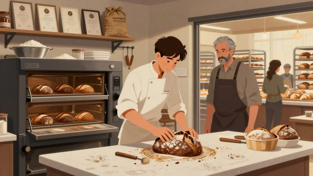 Aprendiz de panadero cortando un pan de centeno junto a un maestro en una panadería profesional de Bilbao.