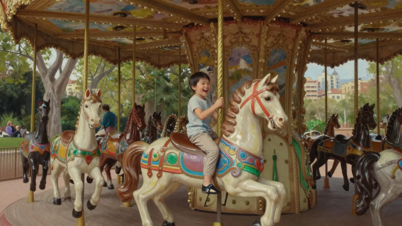 Carrousel de madera de 1910 con caballos tallados a mano y un niño riendo mientras monta, en un entorno tranquilo.