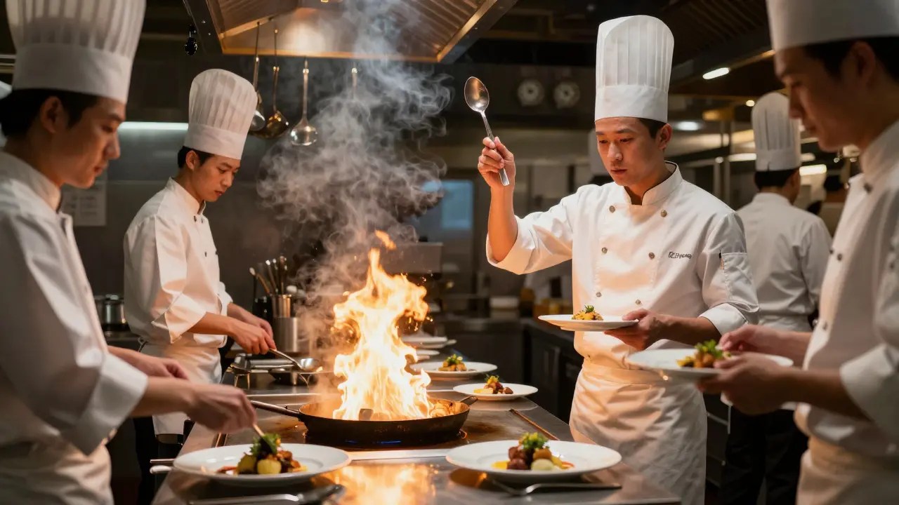 Chef joven dirigiendo a un equipo en una cocina de restaurante durante el servicio de cena, con llamas y platos listos.