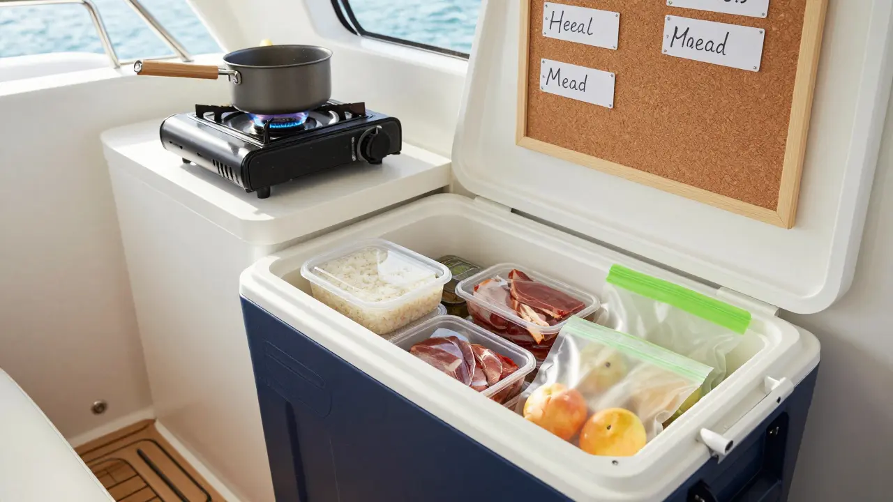 Cocina de yate organizada con alimentos preparados en recipientes sellados y placa portátil de gas.
