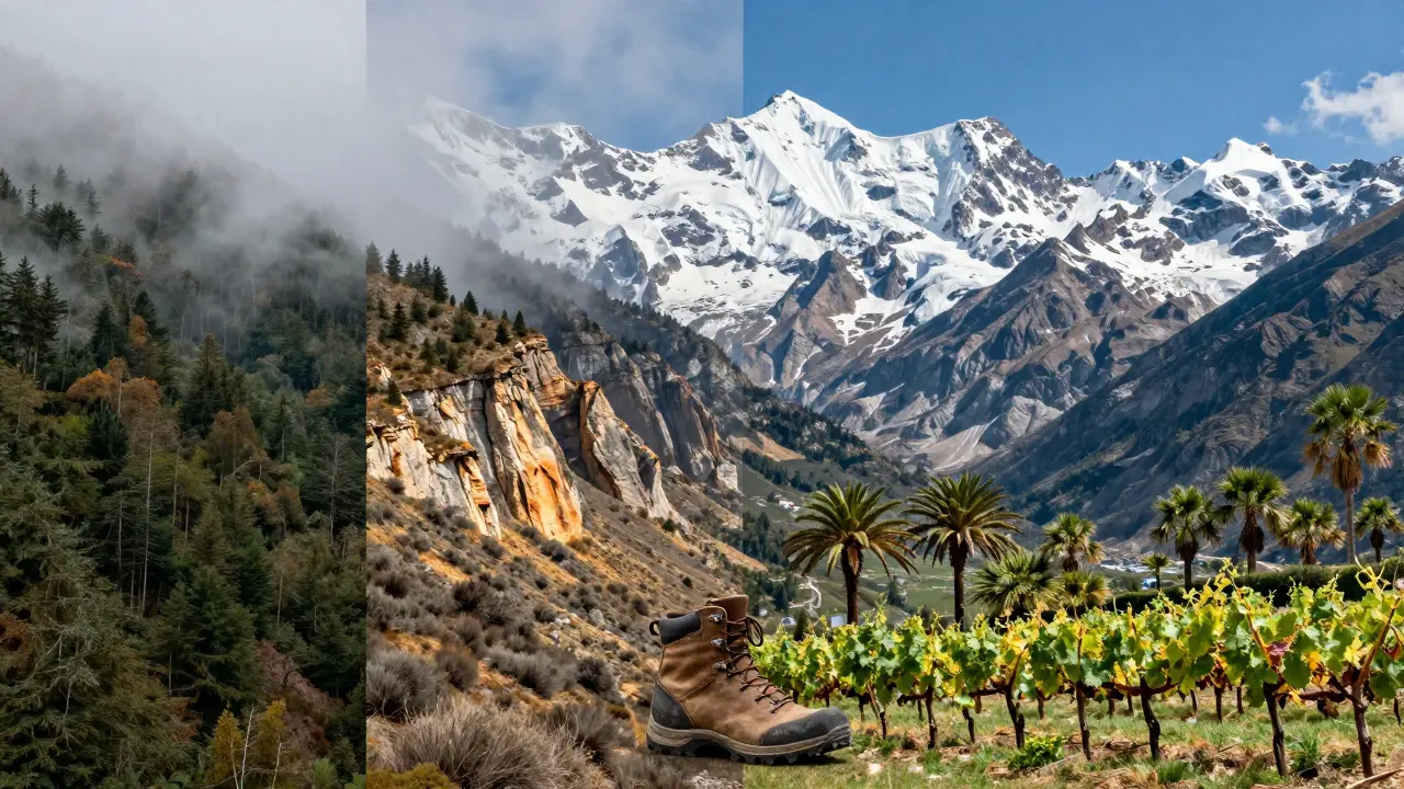 Cuatro zonas climáticas de los Pirineos: bosque lluvioso, montaña seca, cumbres nevadas y valle con palmeras.