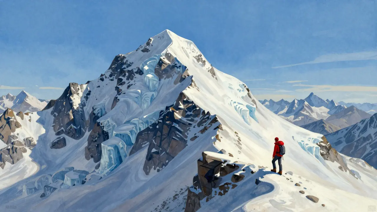 Cumbre del Aneto con glaciares y senderista en primer plano.