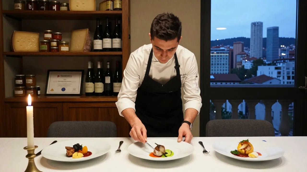 Estudiante presenta su menú final de tres platos como parte de un curso de tres meses en Bilbao.