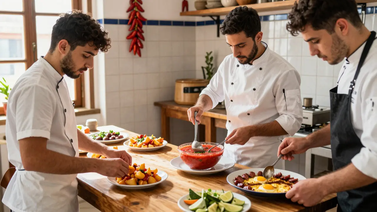 Estudiantes aprendiendo a preparar tapas tradicionales andaluzas: patatas bravas, gazpacho y huevos rotos en un taller iluminado por el sol.