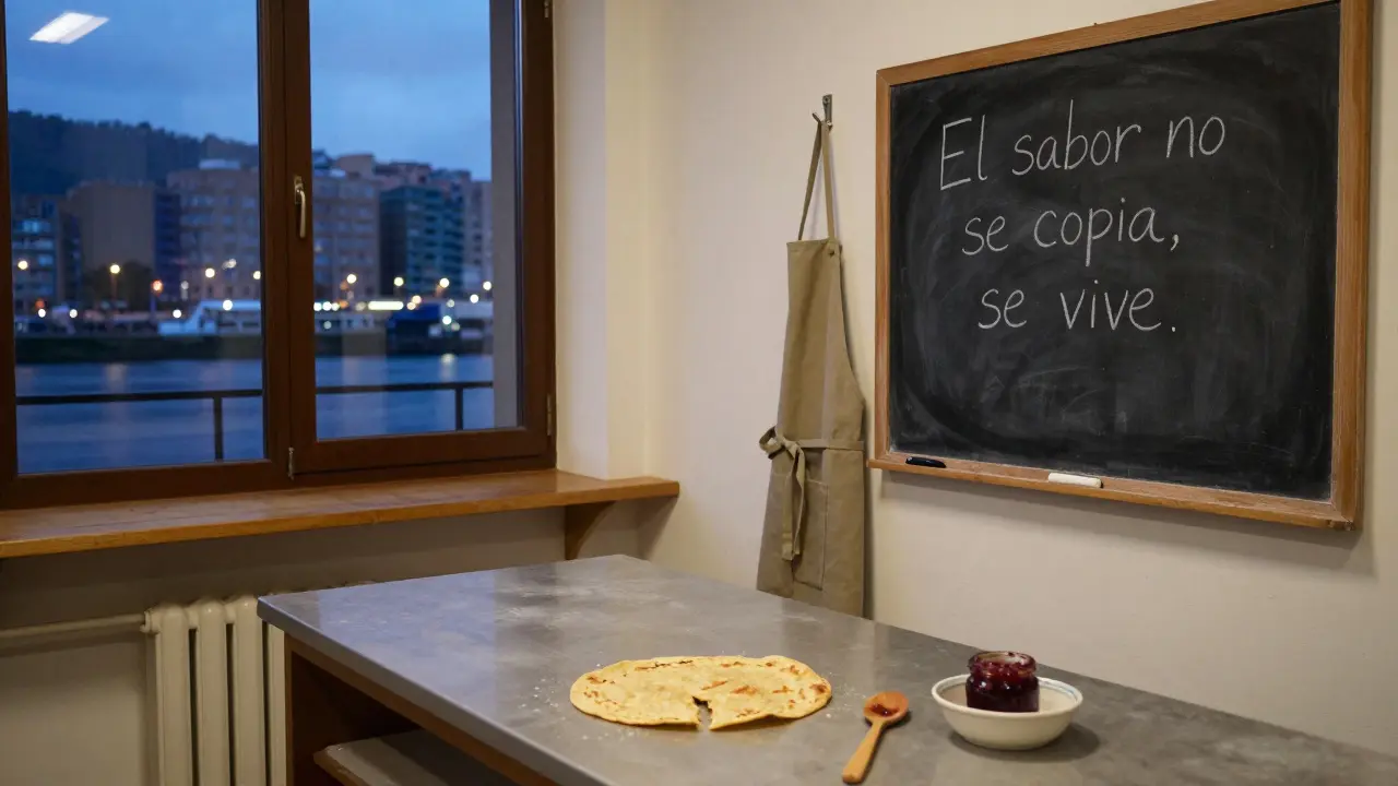 Estudio de cocina vacío al atardecer, con un delantal colgado y notas escritas a mano en una pizarra.