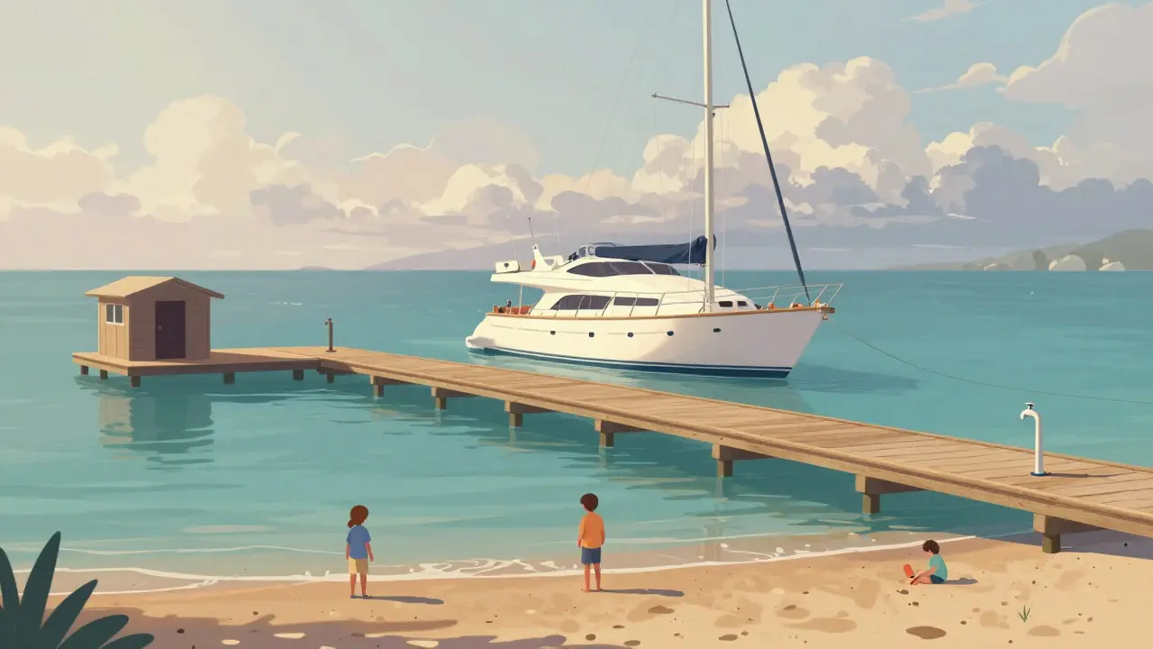 Familia disfrutando de un yate en el puerto tranquilo de Santa Eulalia, con playas cercanas y aguas calmas.