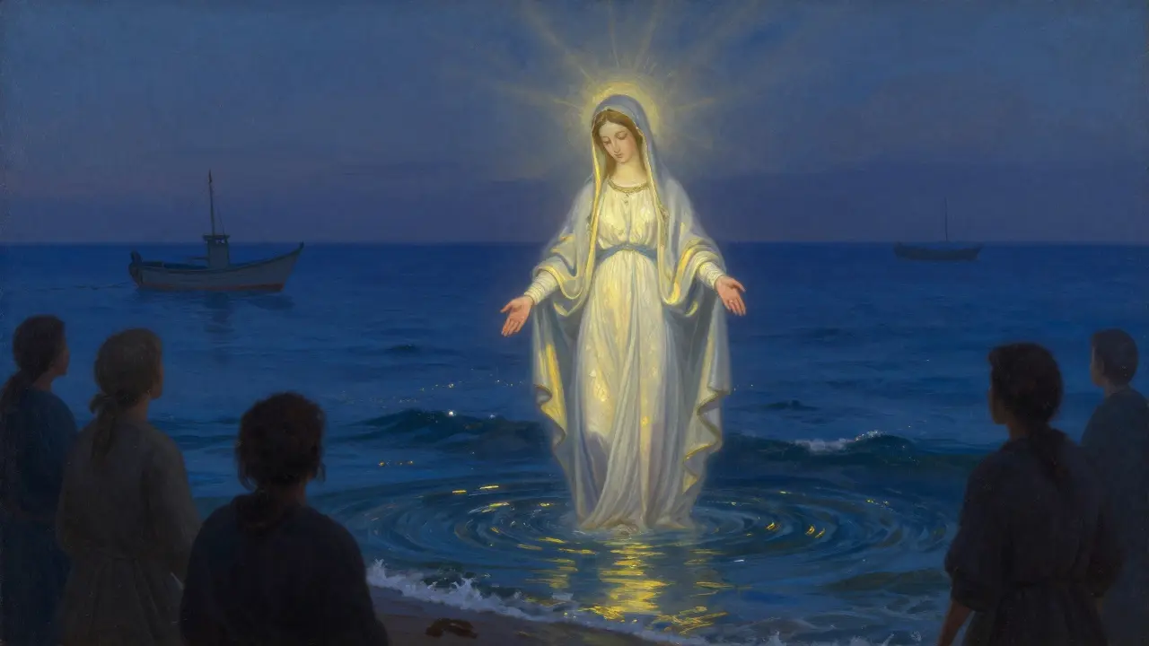 Figura luminosa de la Virgen de la Cabeza bañándose en el mar al amanecer, con luz divina y barcos anclados.
