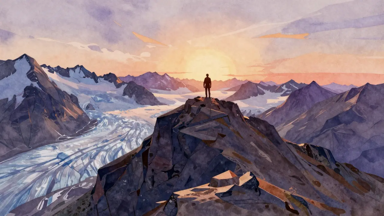 Ilustración artística de la cima del Aneto al atardecer, con una figura solitaria y un glaciar fracturado en tonos fríos.