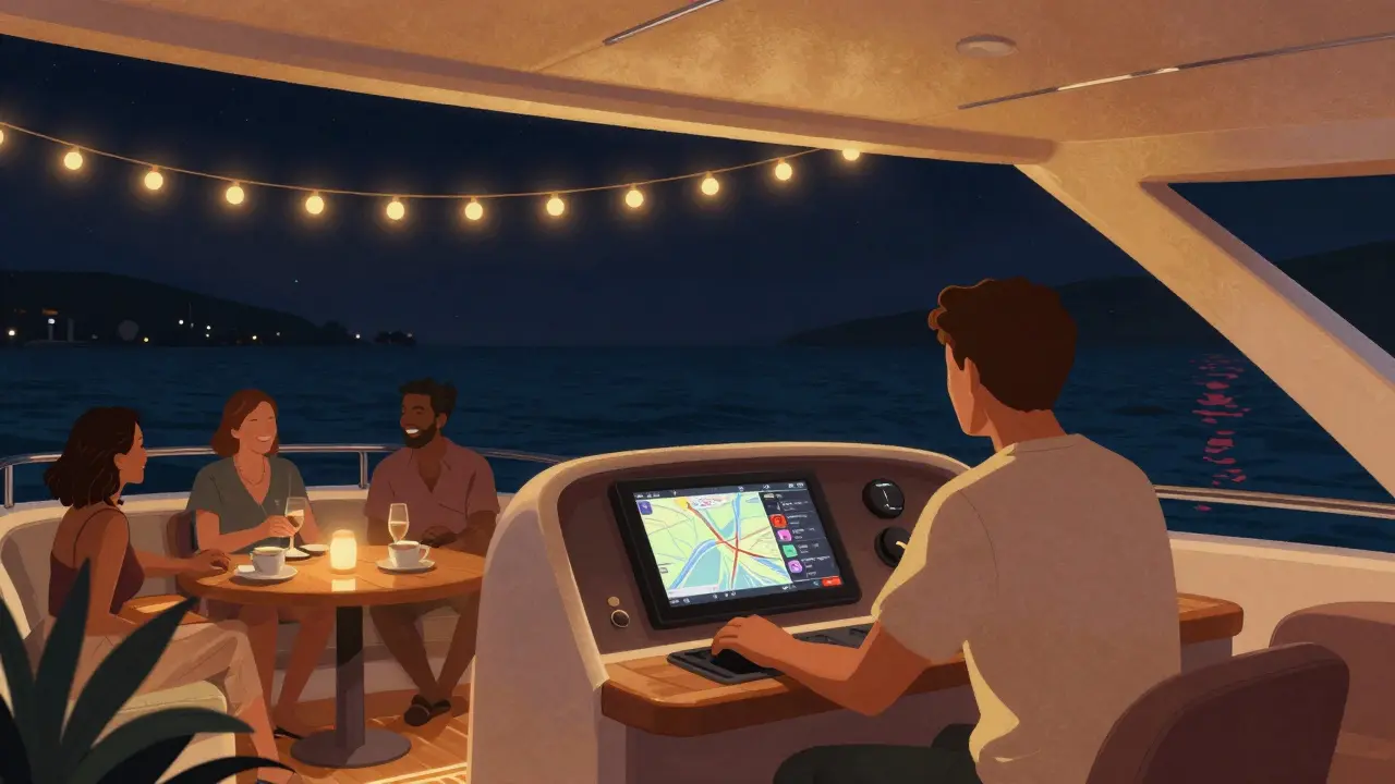 Interior de un yate de lujo iluminado por luces cálidas, con una pantalla táctil mostrando rutas de navegación y invitados riendo bajo luces de cuerdas.