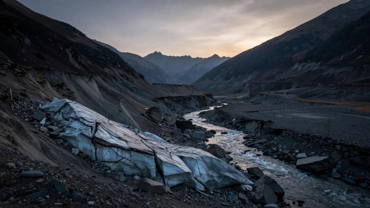 Ladera desgastada del Valle de Benasque con escombros y río erosionando la montaña.