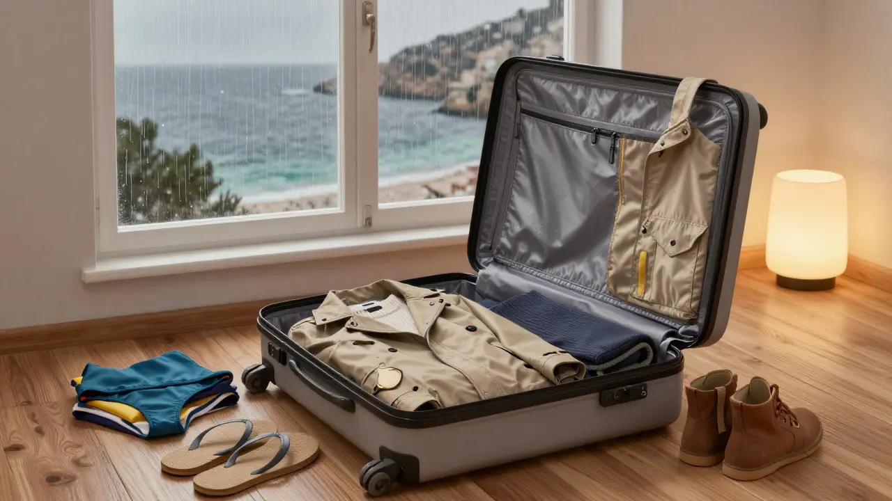 Maleta abierta con ropa de invierno y bañadores descartados, simbolizando la preparación para un viaje a Mallorca en enero.