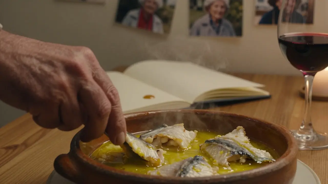 Manos cocinando bacalao al pil-pil en una olla de barro, con un cuaderno en blanco y vino al lado.