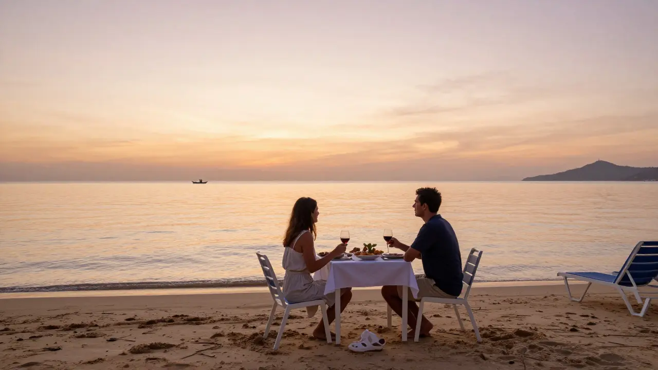 Pareja cenando al atardecer en la playa en septiembre, con mar cálido y sin multitudes.