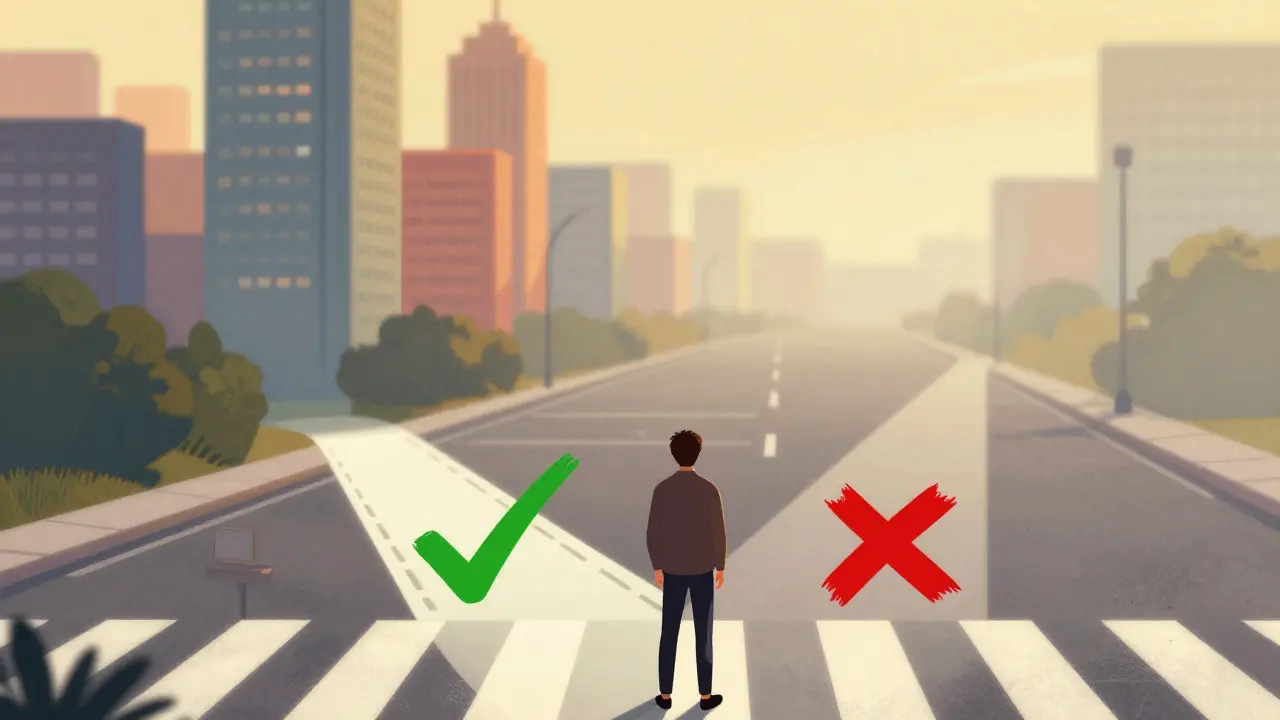 Persona en cruce de caminos con símbolos de verificación y X