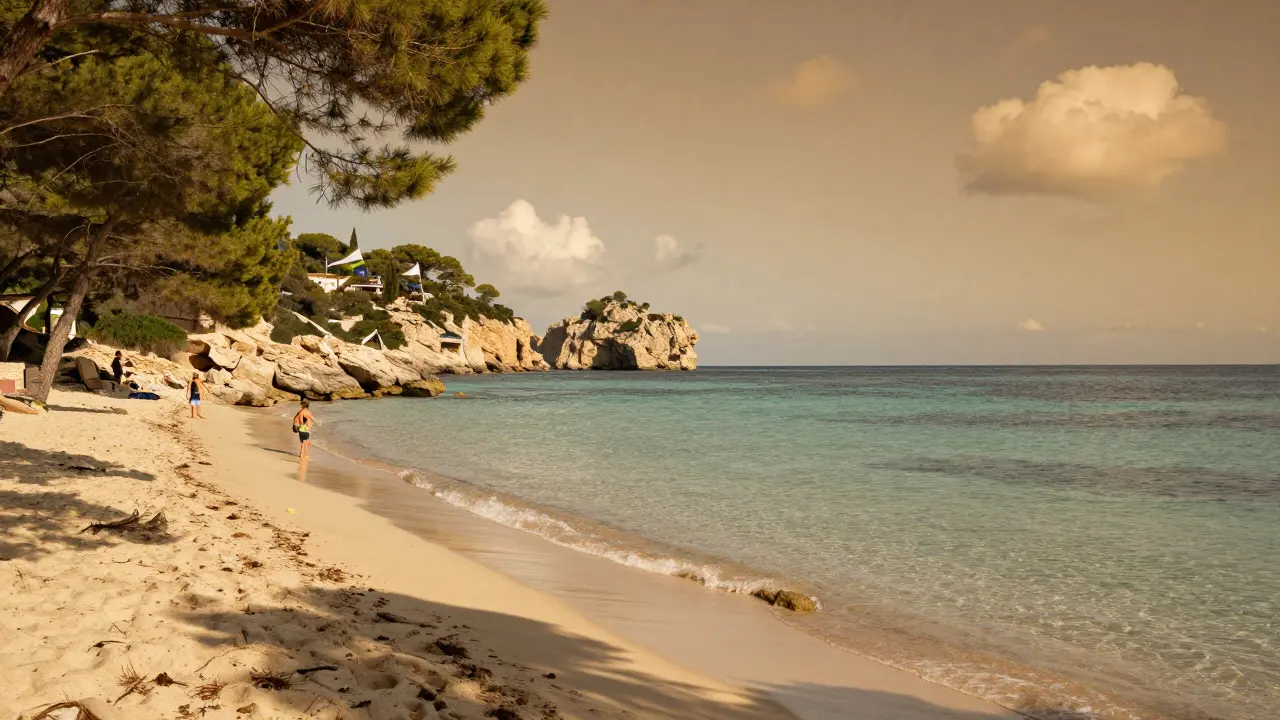 Playa tranquila en el este de Mallorca con arena fina, pinos y familia disfrutando del atardecer sin viento.