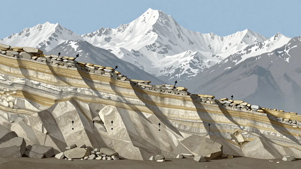 Sección geológica artística de los Pirineos mostrando capas de roca y fuerzas tectónicas.