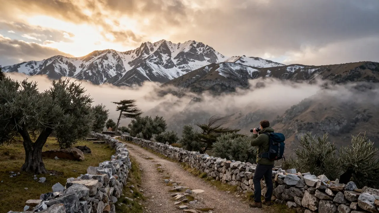 Senderista en la Serra de Tramuntana, con picos nevados y sendero de piedra bajo una luz dorada de atardecer.