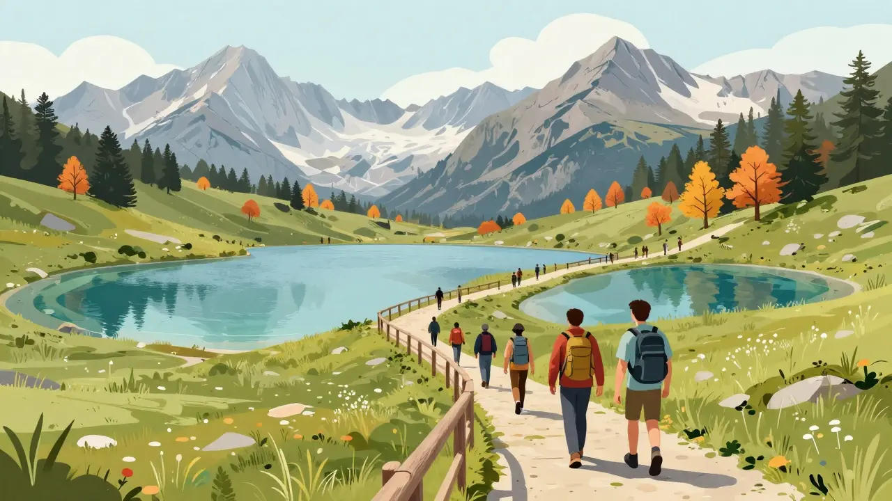 Senderista en lagos glaciares del Parque Aigüestortes.