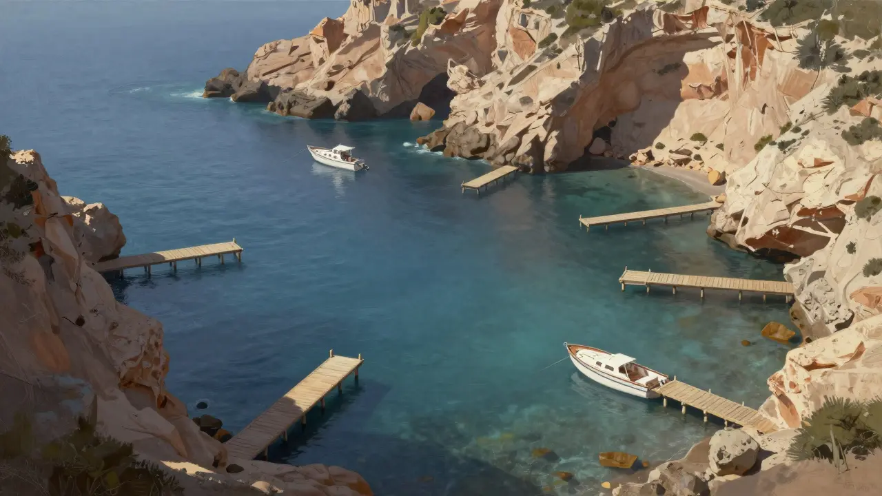 Siete pequeños muelles escondidos en calas de Ibiza, cada uno con un yate aislado, rodeados de naturaleza virgen.