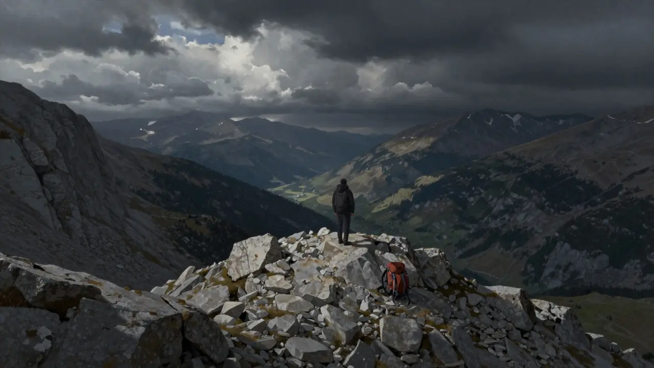 Solitary figure on Pico de Póo de la Llosa's windswept col, untouched valleys below under stormy skies.