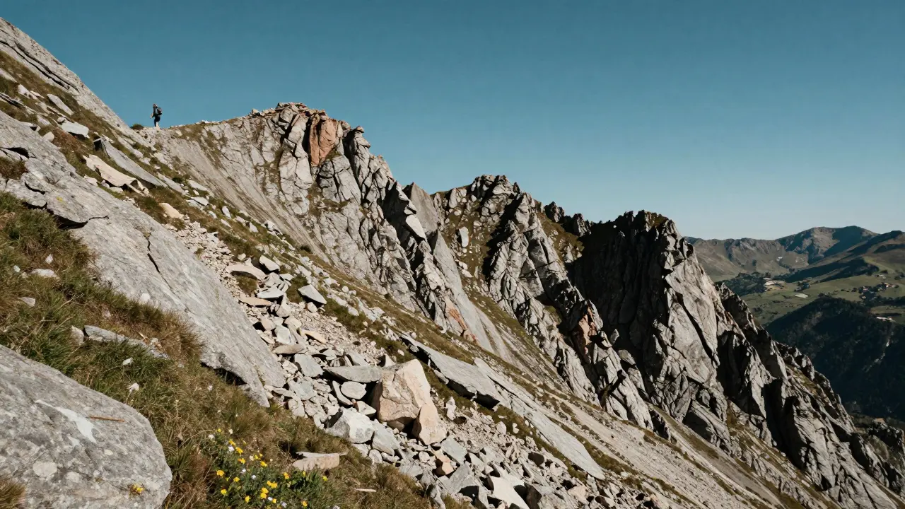 Solo hiker crossing the steep rocky ridge of Pico de Posets, mountains stretching to the French border.