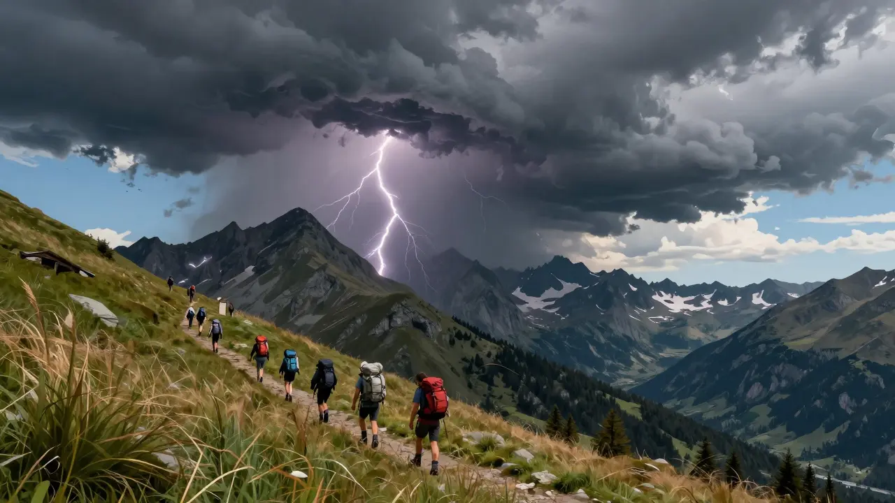 Tormenta eléctrica sobre el pico Aneto mientras senderistas descienden por un sendero.