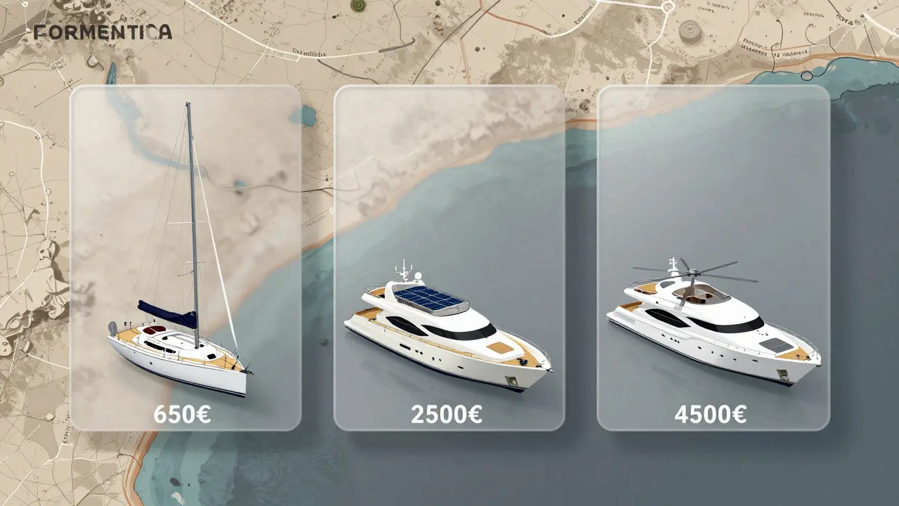 Tres tipos de barcos comparados con etiquetas de precio flotantes frente al mapa de Formentera.