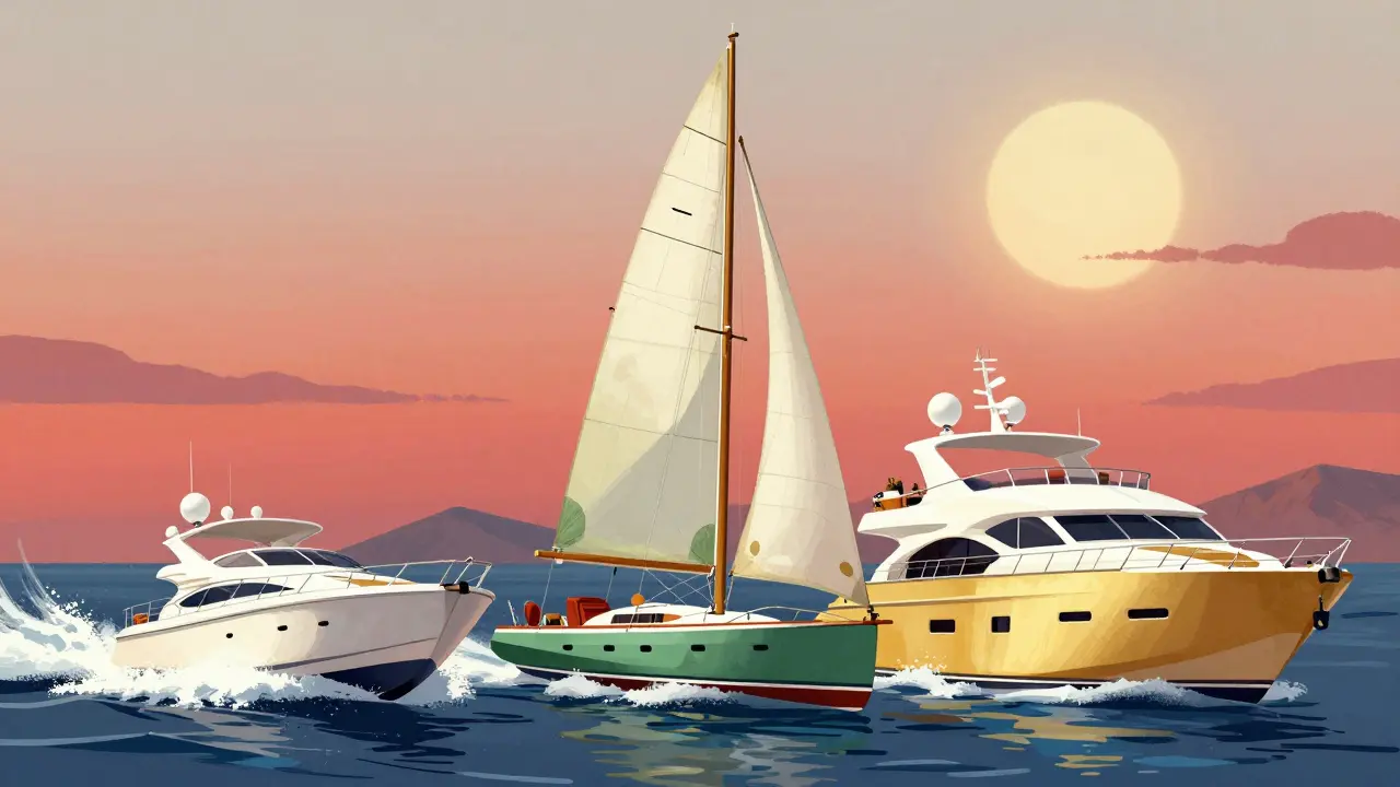 Tres tipos de yates: lancha, velero y de lujo en el mar mediterráneo. Comparación visual de opciones de alquiler.