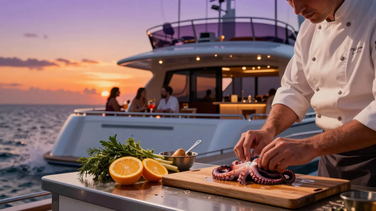 Un chef preparando mariscos frescos en la cubierta de un yate al atardecer, con invitados tomando cócteles y el cielo en tonos naranja y morado.