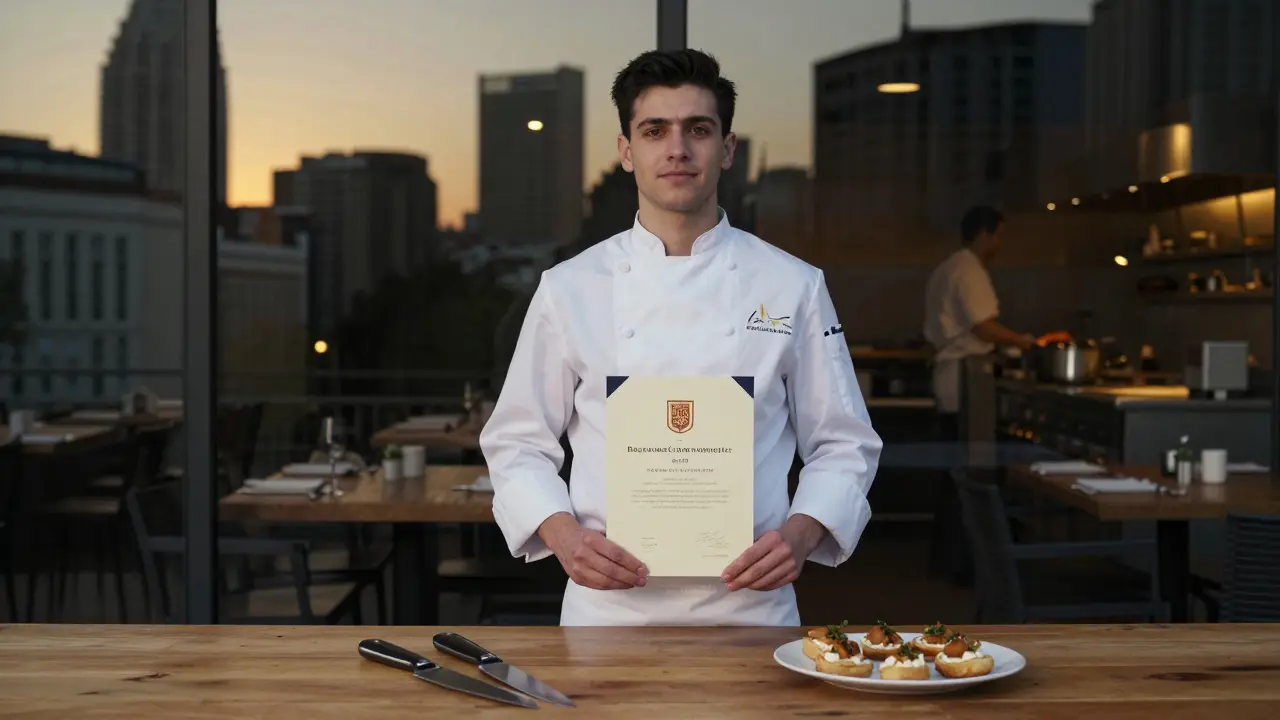 Un graduado en uniforme de chef sostiene un título oficial frente a un restaurante en Bilbao al atardecer, con cuchillos y pintxos en primer plano.