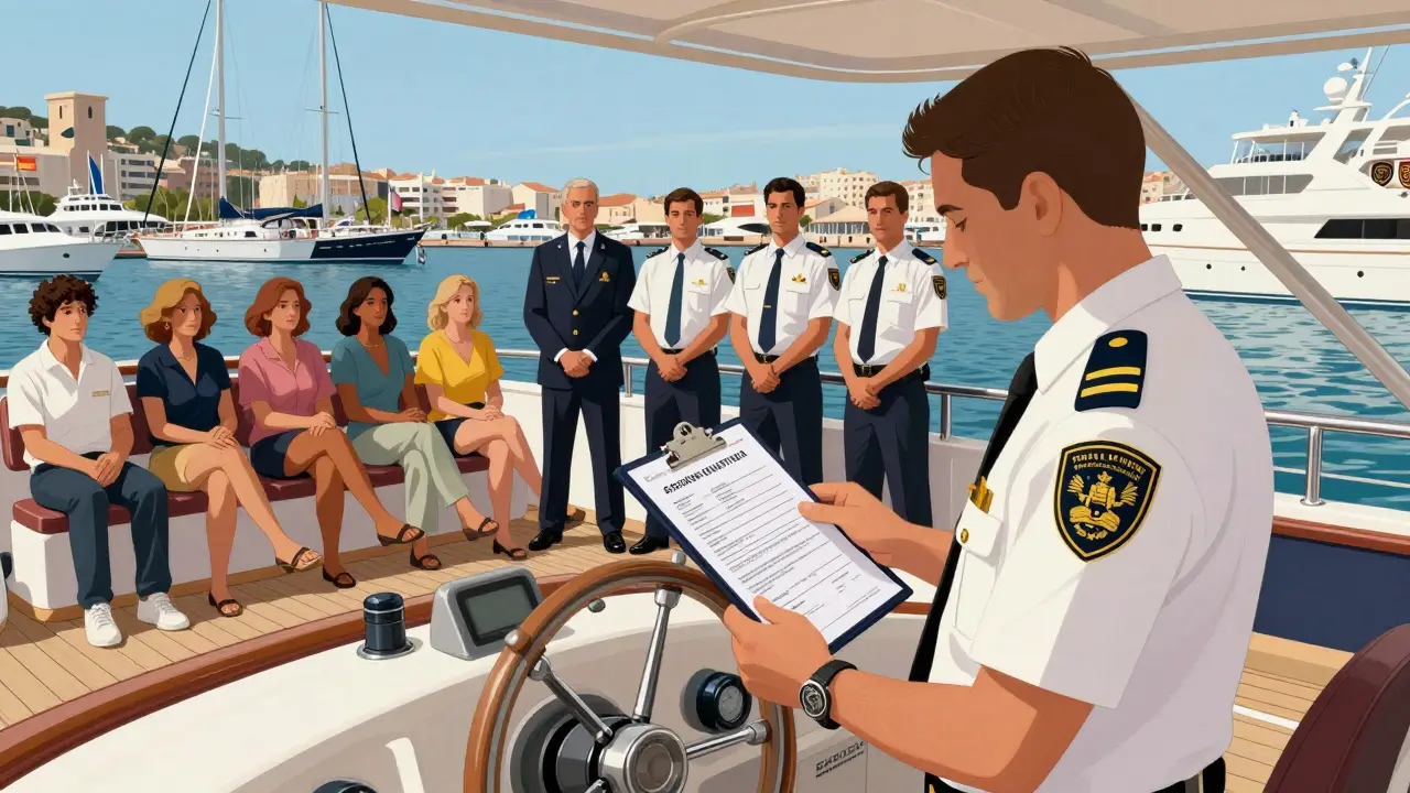 Un inspector marítimo revisa la certificación legal de un yate en el puerto de Ibiza con pasajeros y tripulación presentes.