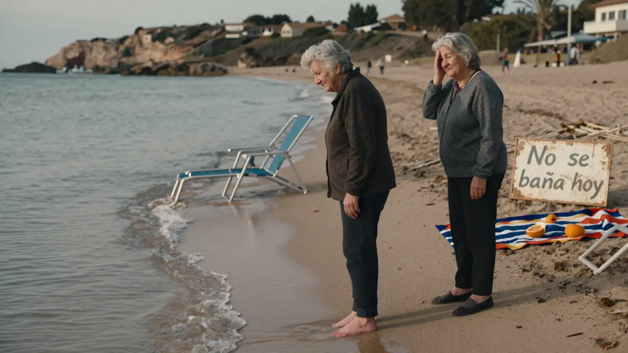 Un turista duda en entrar al mar el 2 de febrero mientras una local lo mira con ternura.