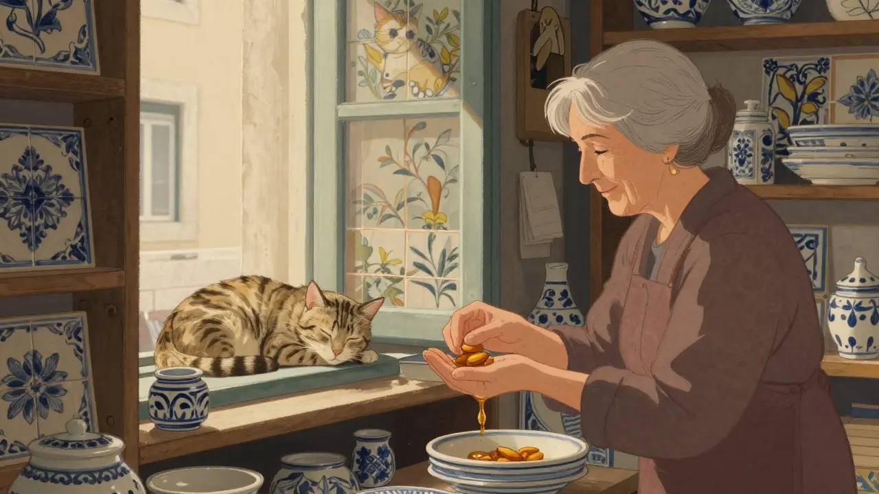 Una anciana coloca una almendra con miel en la mano de un viajero en una tienda de cerámica escondida en Lisboa, sin decir una palabra.