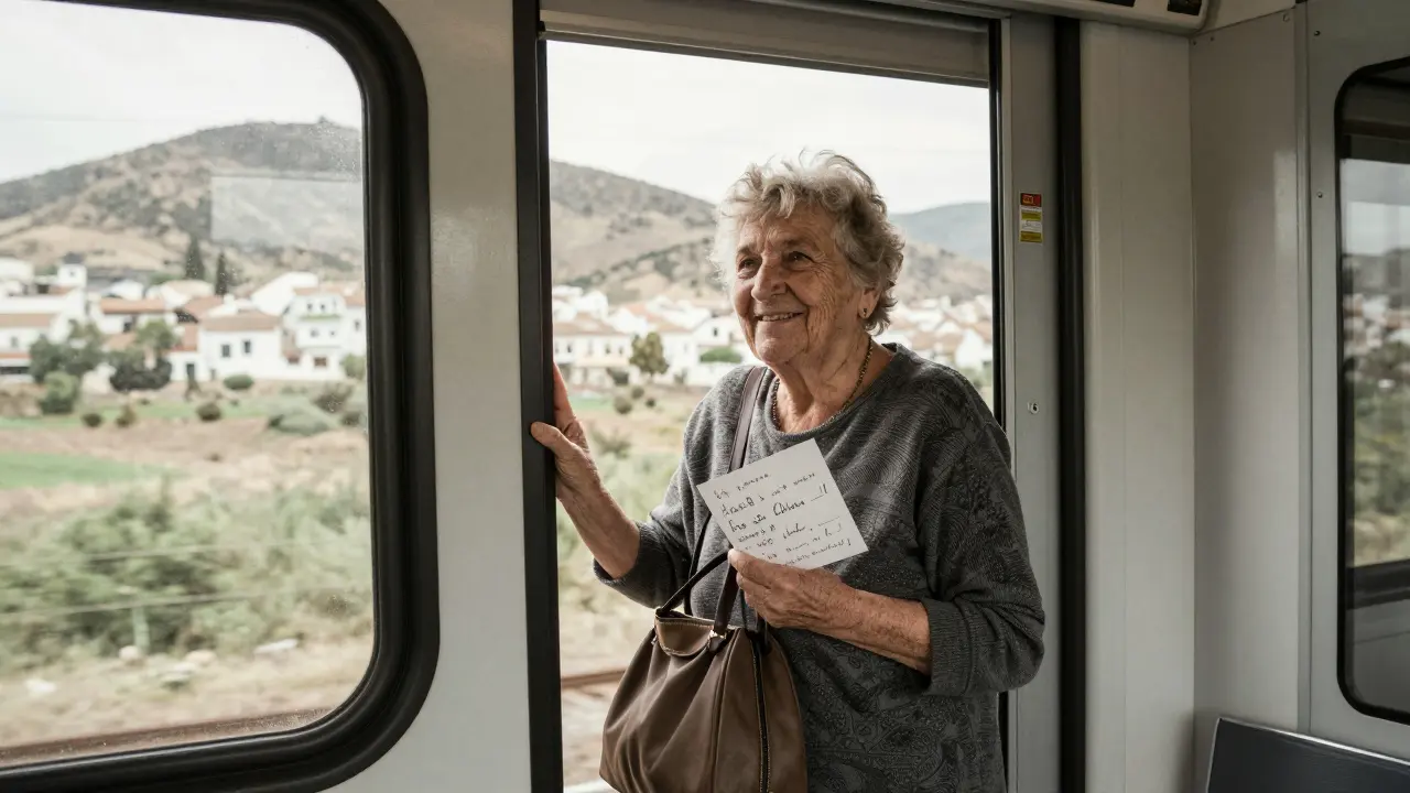 Una mujer mayor de 70 años sube a un tren local en Andalucía, con una expresión de valentía y asombro.