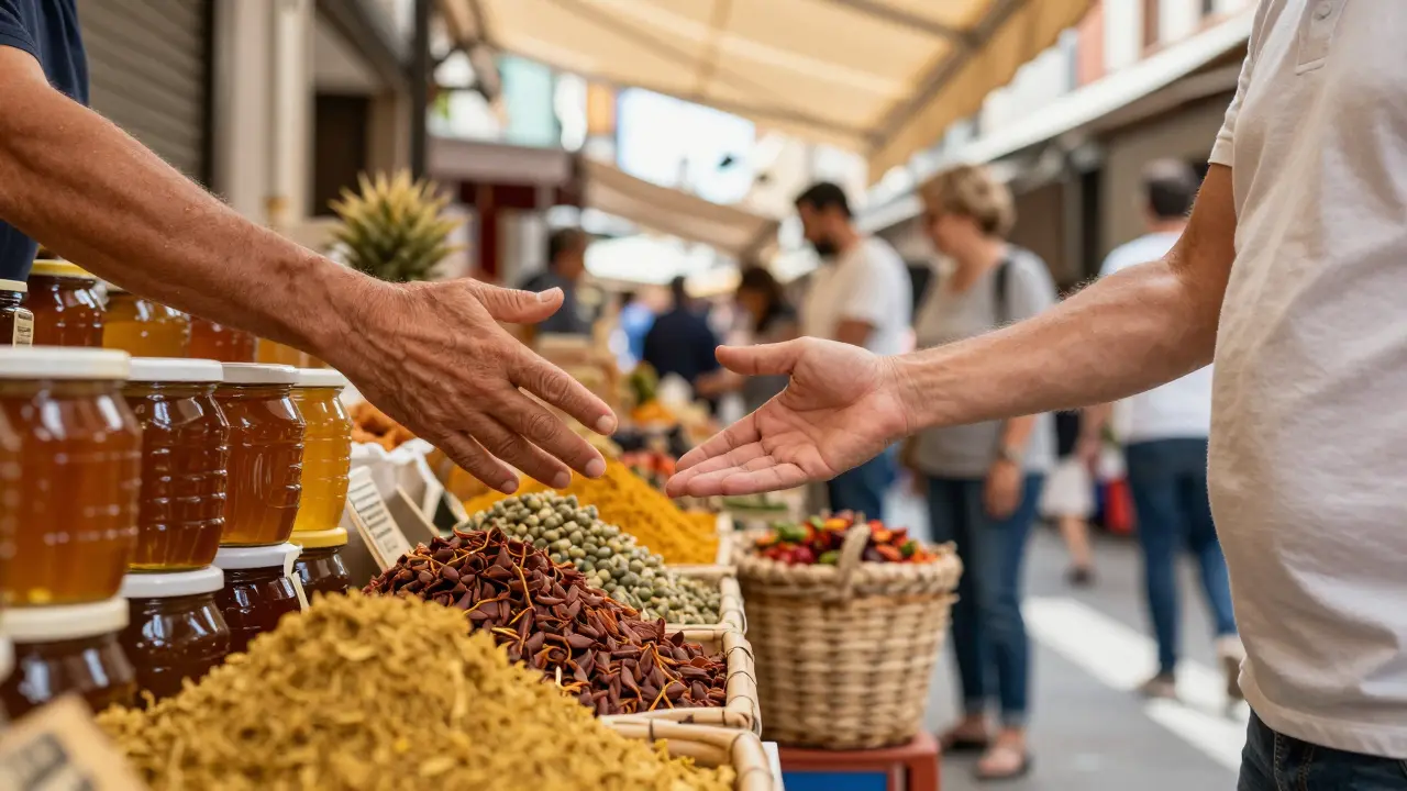 Una persona en un mercado de Sevilla intenta comunicarse con un vendedor de miel sin palabras, rodeada de especias y cestas coloridas.