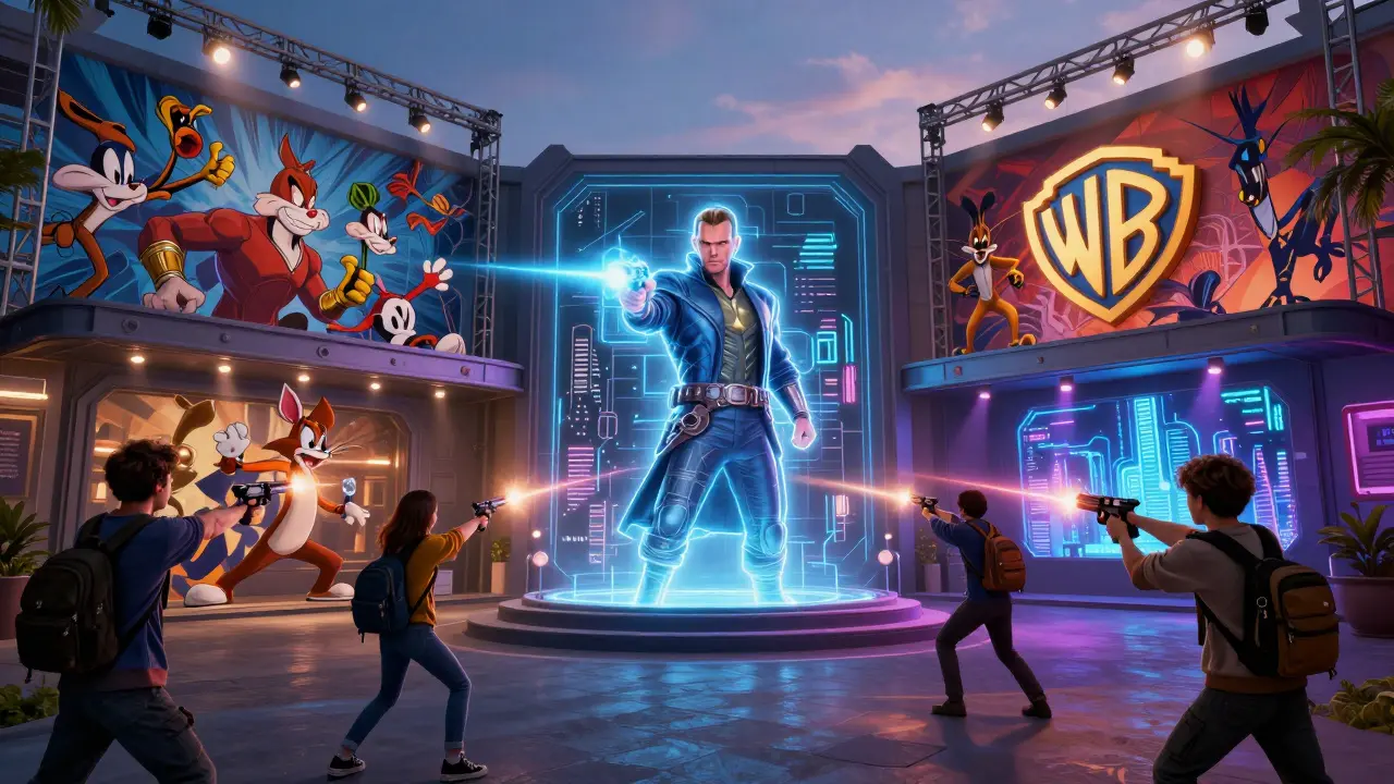 Visitors in Warner Bros. Movie World using laser pistols during the Justice League ride under cinematic lighting.