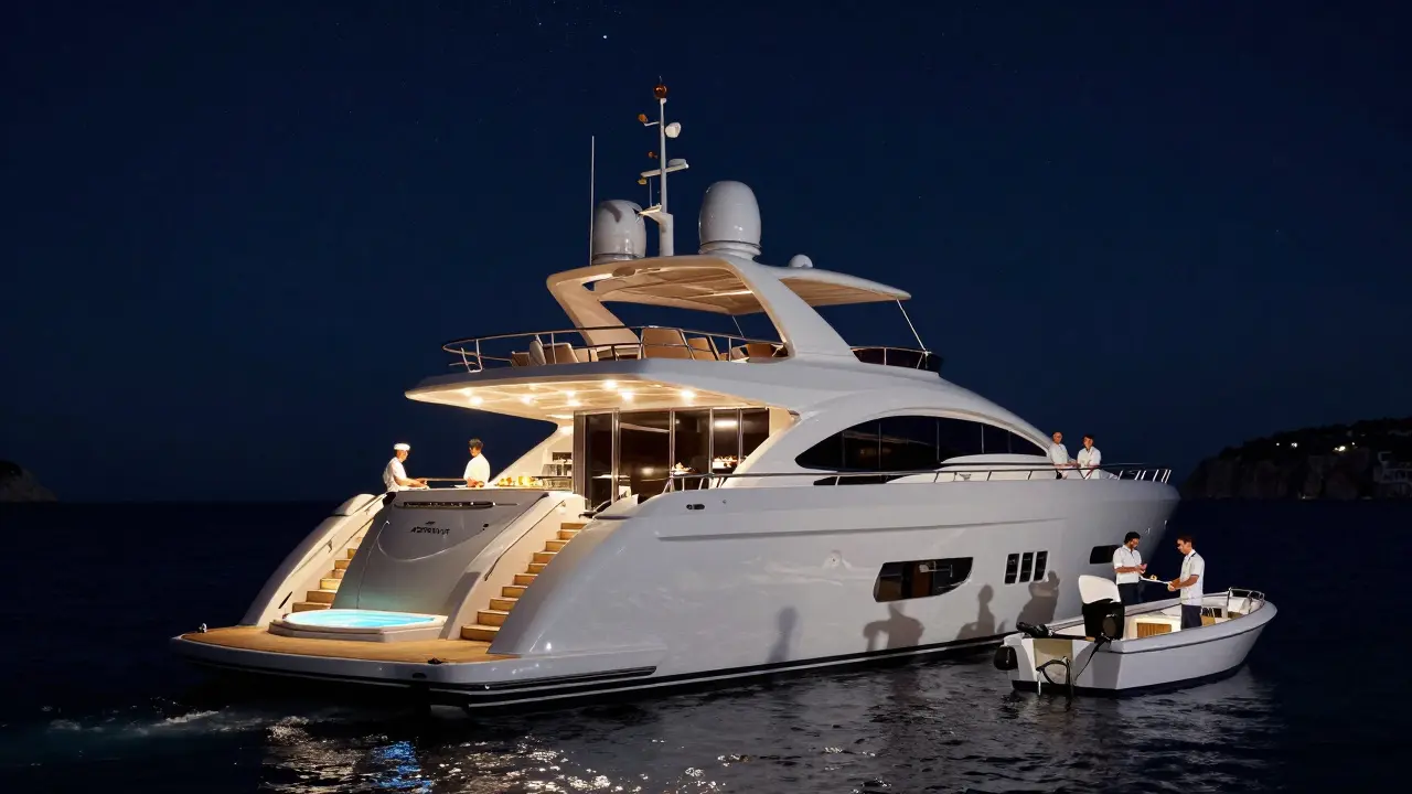 Yate de lujo con veinte invitados y tripulación en Ibiza, con jacuzzi y lancha auxiliar.