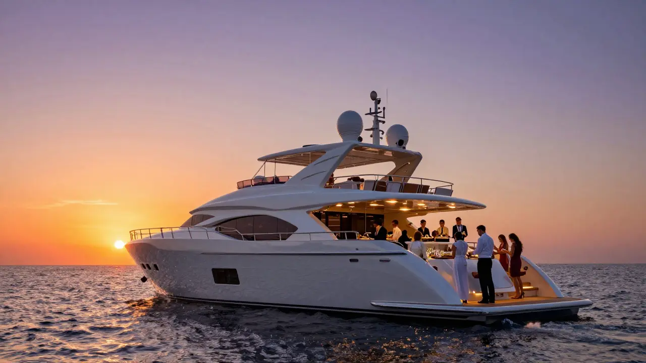 Yate de lujo en el ocaso con tripulación sirviendo cena en la popa, cielo naranja y agua brillante.