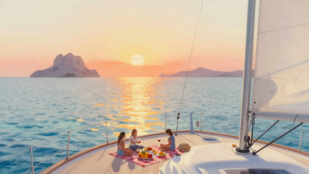 Yate en atardecer tranquilo entre Ibiza y Formentera. Viaje relajado sin multitudes en temporada media.