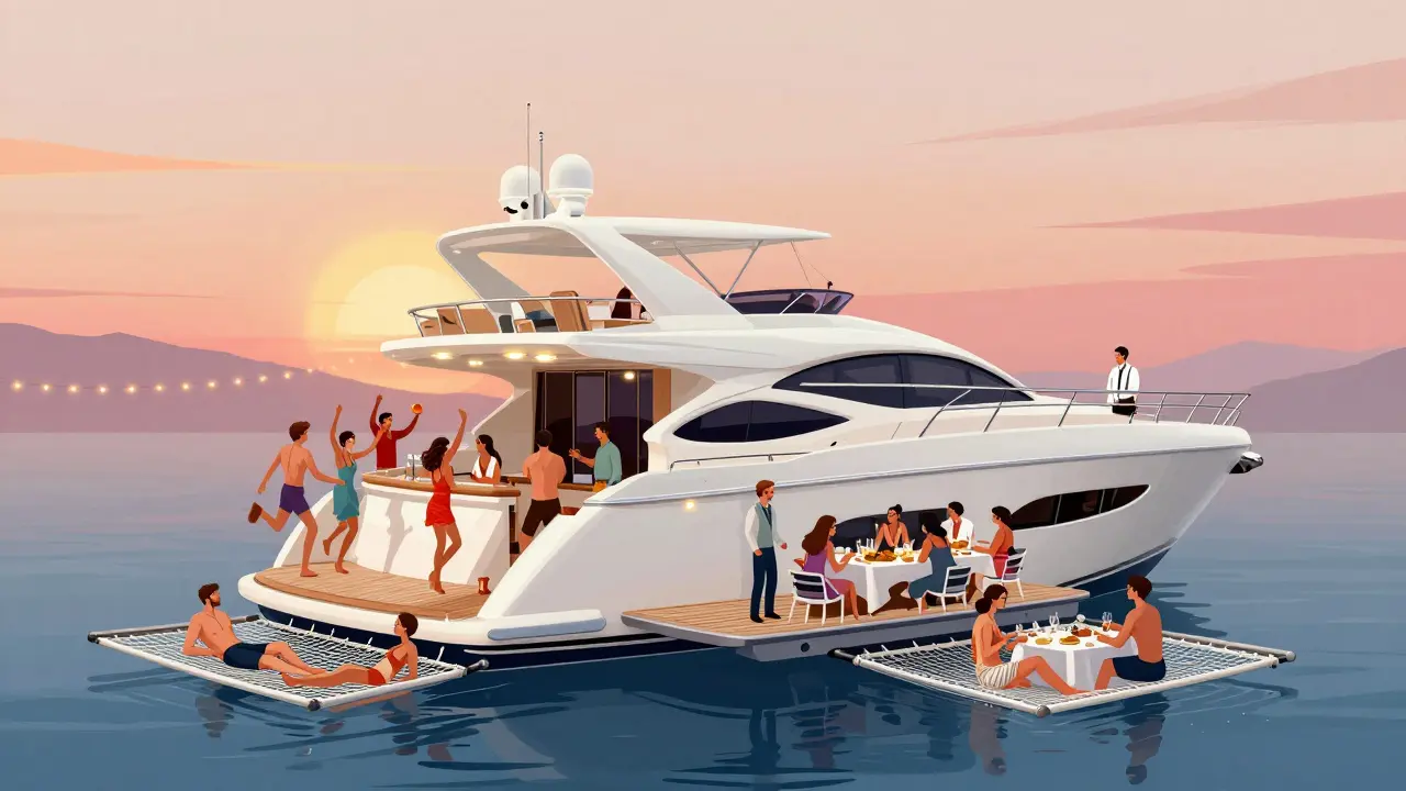 Yate mediano con doce invitados celebrando una fiesta al atardecer en el Mediterráneo.