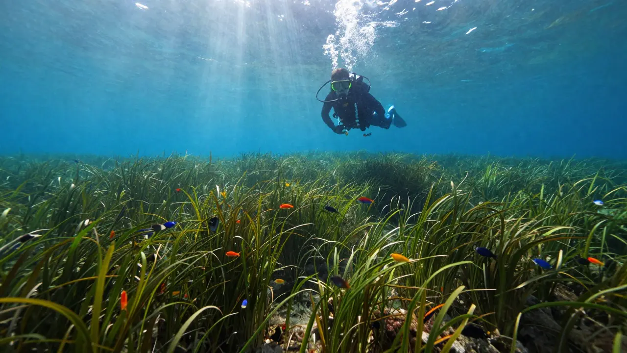 Buceador observando praderas de posidonia bajo el agua sin tocarlas.