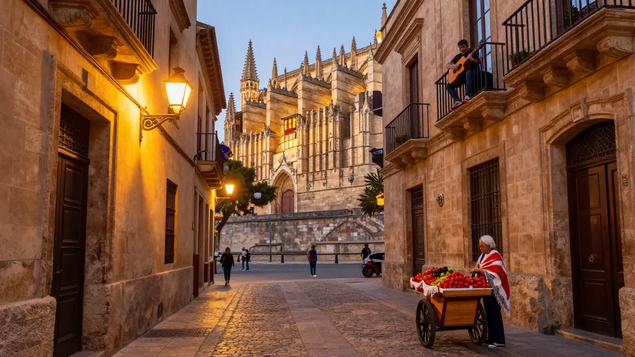 Calleja de Palma al atardecer, con catedral gótica, música y productos locales en el mercado.